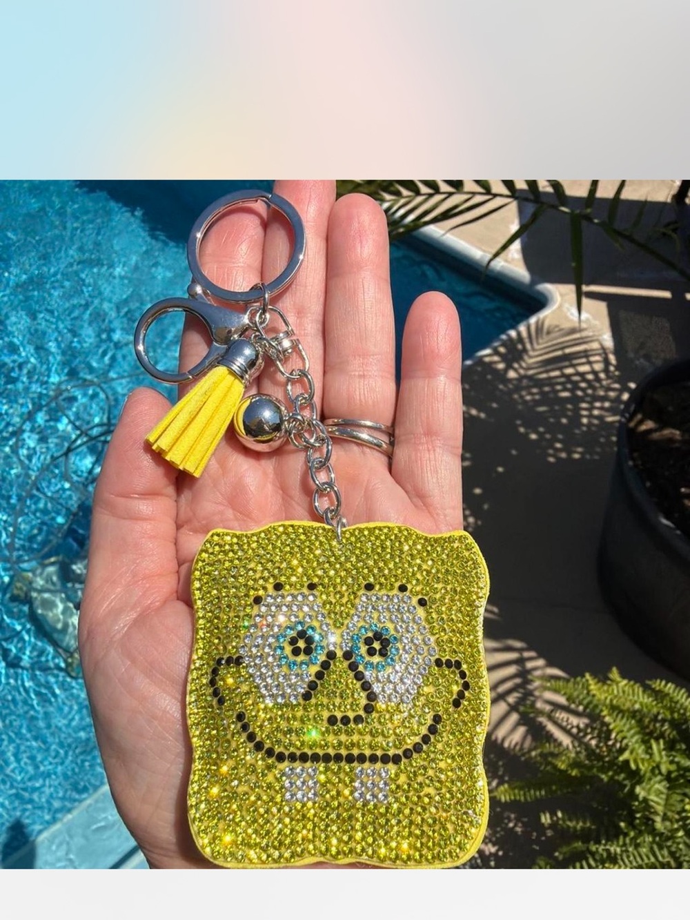 Yellow Rhinestone Sponge Character Keychain with Tassel Charm